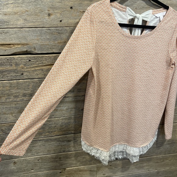 LC Lauren Conrad Long Sleeve Floral Print Top Sz S Orange Lace Trim Bow Tie Neck - Picture 4 of 9